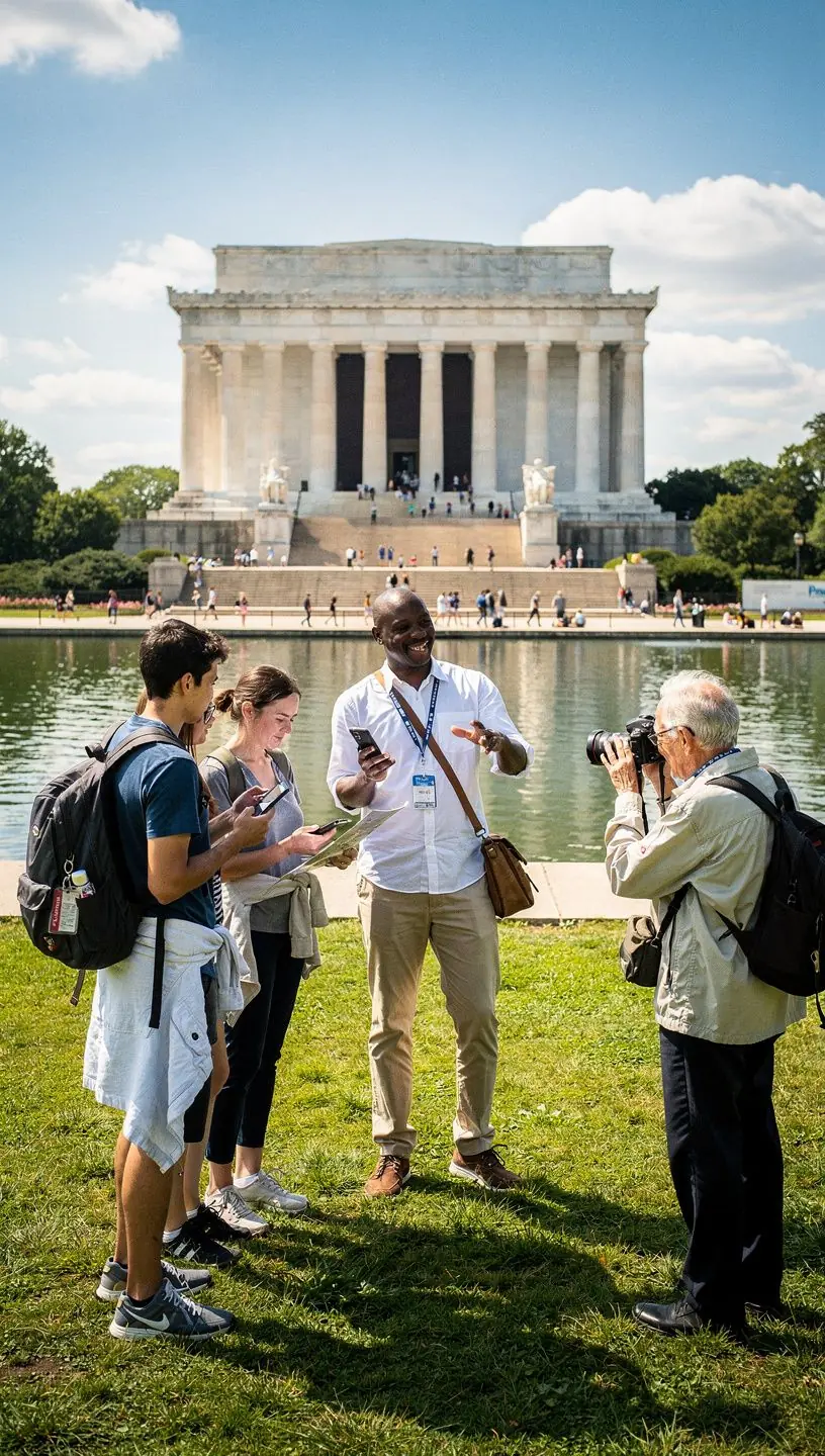 Пара туристов наслаждается панорамным видом на городской пейзаж в течение ограниченного времени пересадки