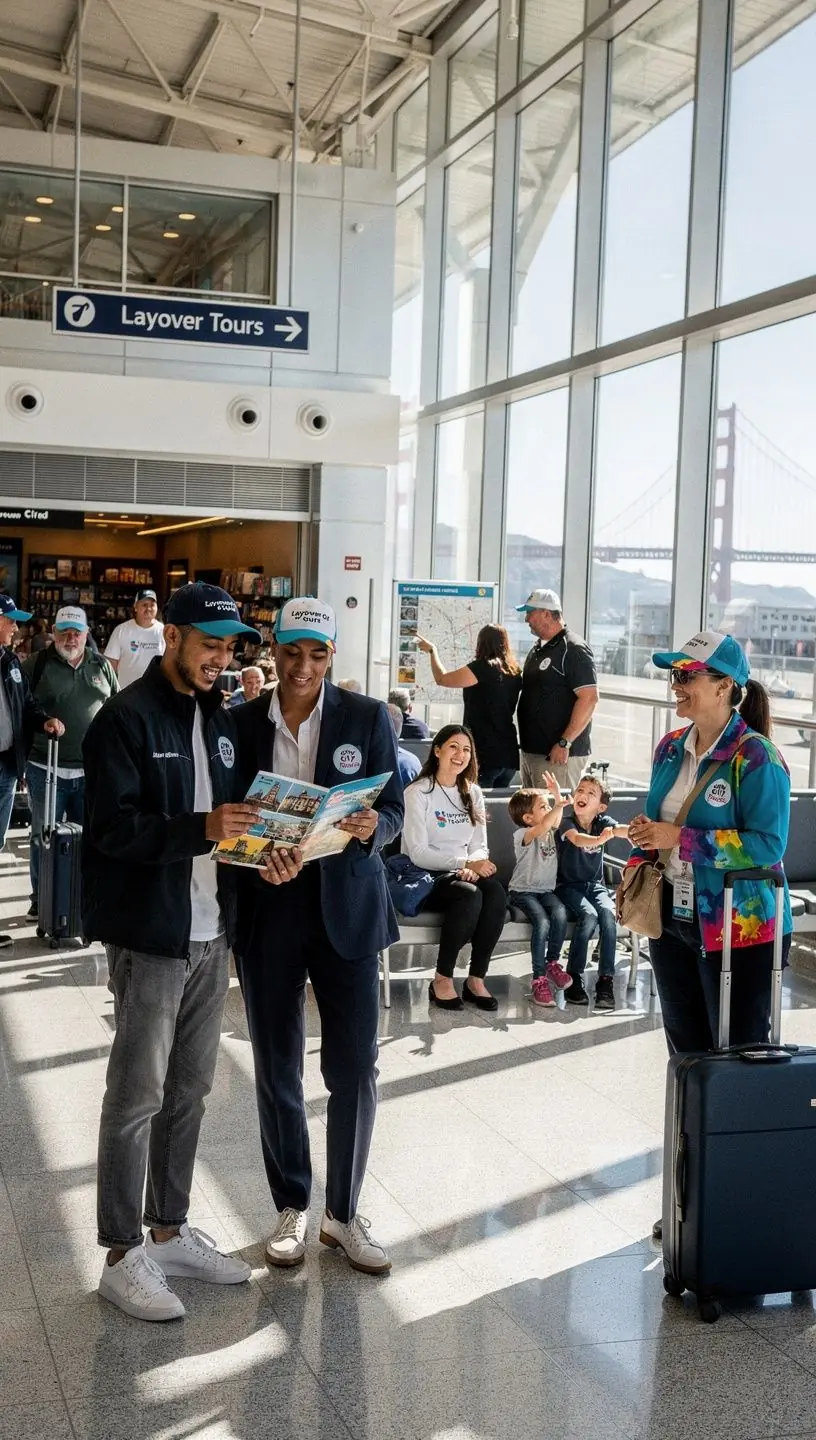 Комфортабельный автобус доставляет пассажиров обратно в аэропорт после ознакомительной прогулки по городу