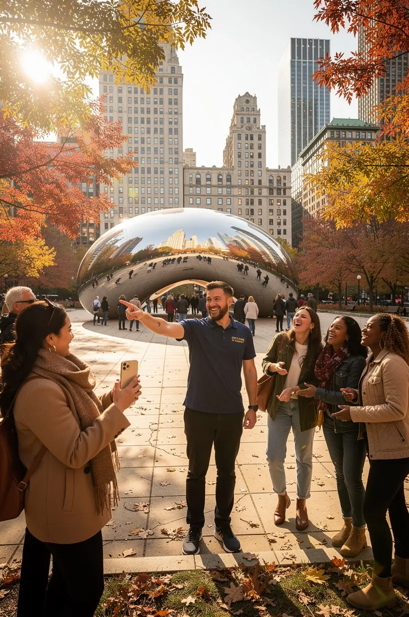 Гид объясняет исторические особенности города пассажирам во время короткой экскурсии между рейсами